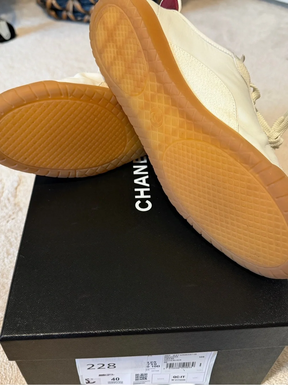CHANEL White & Black Leather Sneakers